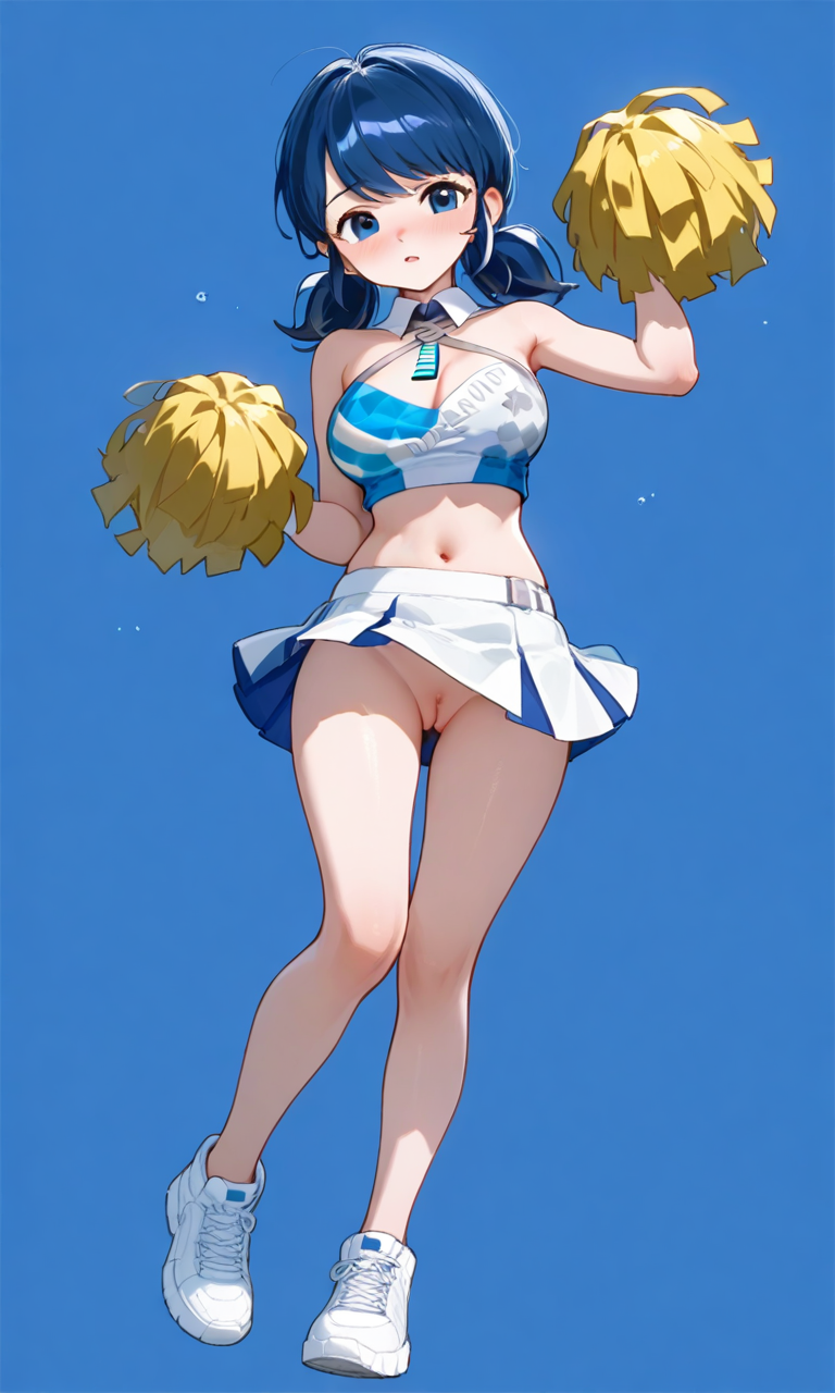 ai_generated belly_button big_breasts blue_eyes blue_hair blush cheerleader_outfit chloenette69 crop_top eyebrows eyelashes eyeshadow ladybug_(character) large_breasts looking_at_viewer marinette_cheng marinette_dupain-cheng millennium_cheerleader_outfit_(blue_archive) miraculous:_tales_of_ladybug_and_cat_noir miraculous_ladybug no_panties pom_pom_(cheerleading) pussy skirt_lift sneakers twintails