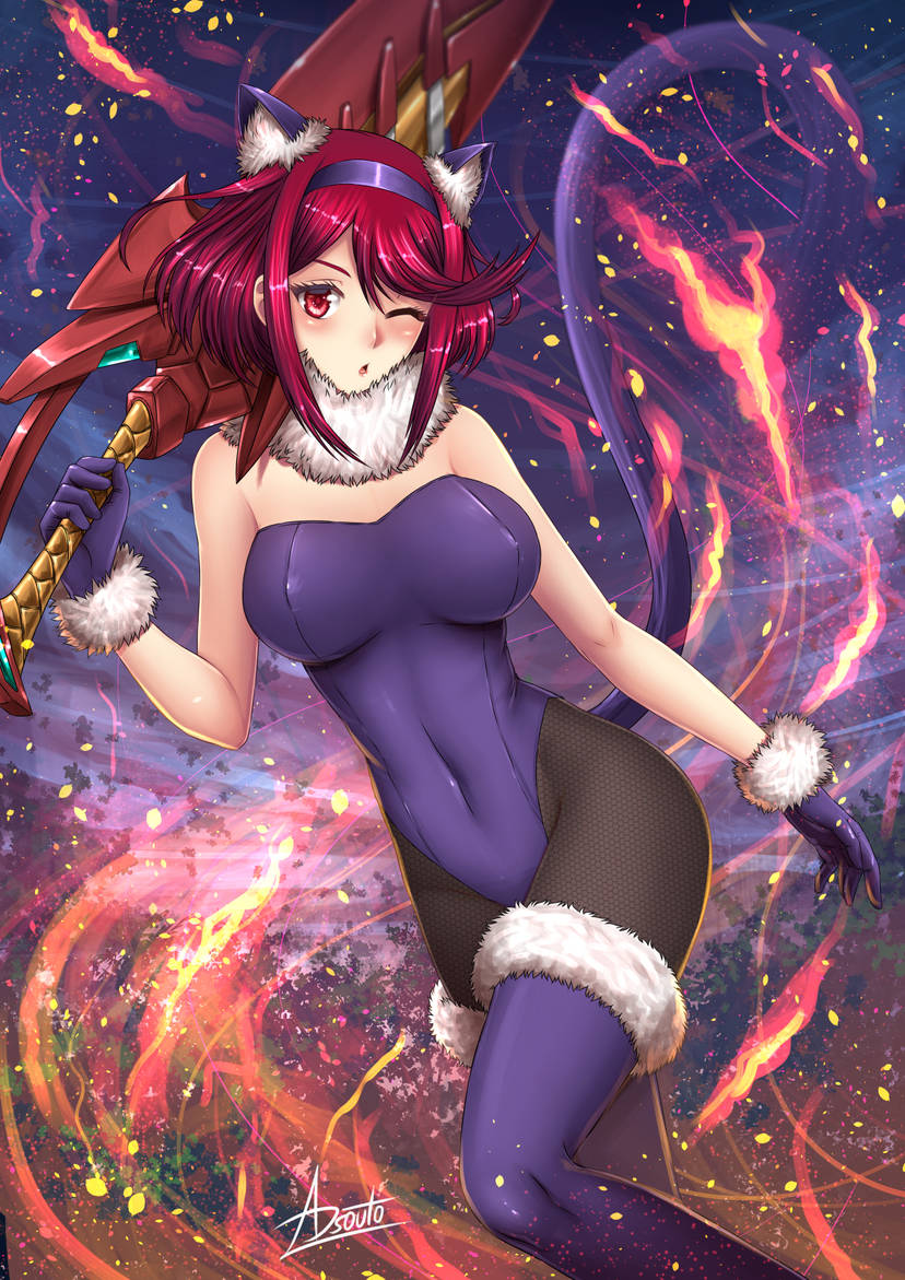 1girls adsouto breasts cat_ears cat_tail fake_animal_ears fake_tail fur_collar gloves hairband holding_sword holding_weapon large_breasts leotard looking_at_viewer nintendo pantyhose purple_leotard pyra red_eyes red_hair short_hair sword thighhighs weapon xenoblade_(series) xenoblade_chronicles_2