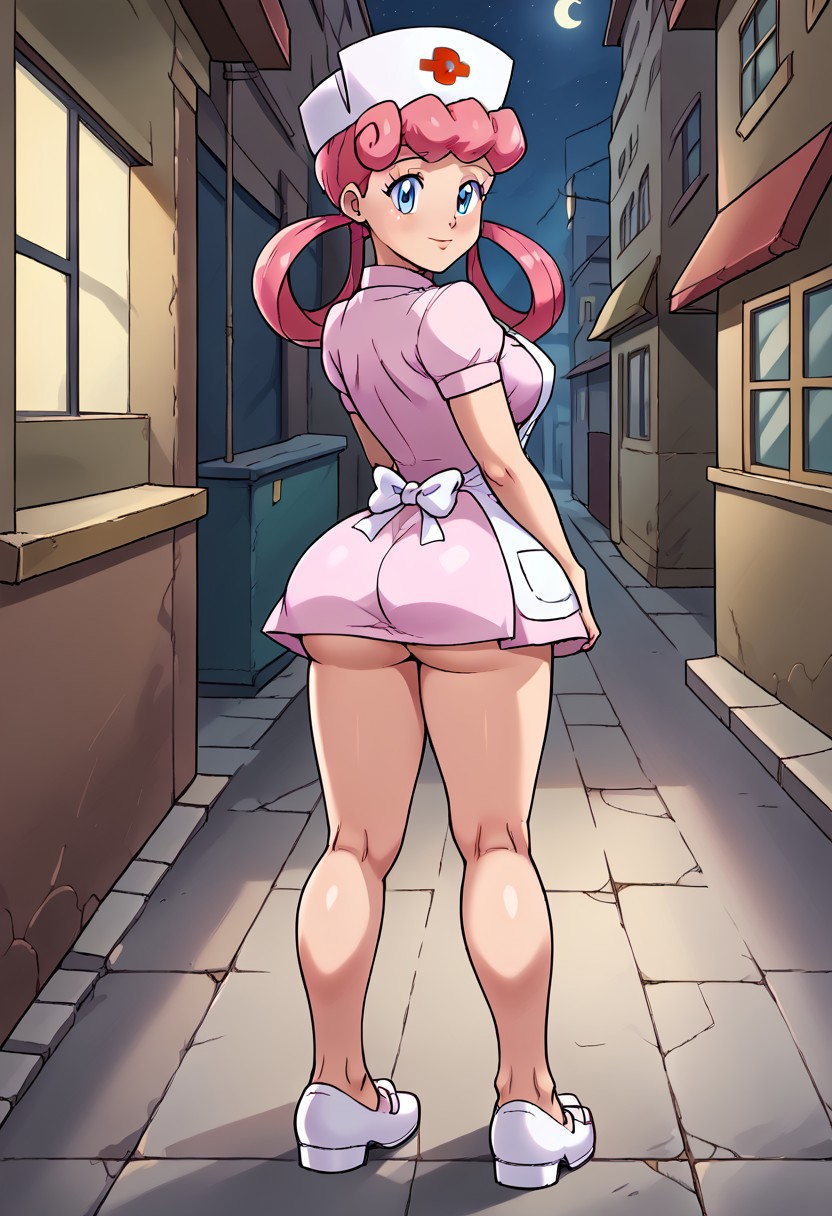 ai_generated ass ass bubble_butt dress dress_inside_ass female nurse nurse_joy nurse_uniform pokemon showing_ass solo standing