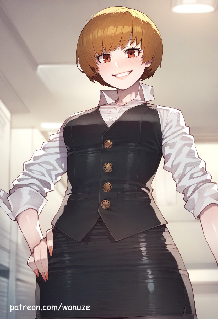 ai_generated big_ass big_breasts big_butt big_thighs blush brown_eyes brown_hair chie_satonaka huge_ass huge_breasts huge_butt huge_thighs office office_clothing office_lady persona vest wanuze wide_hips