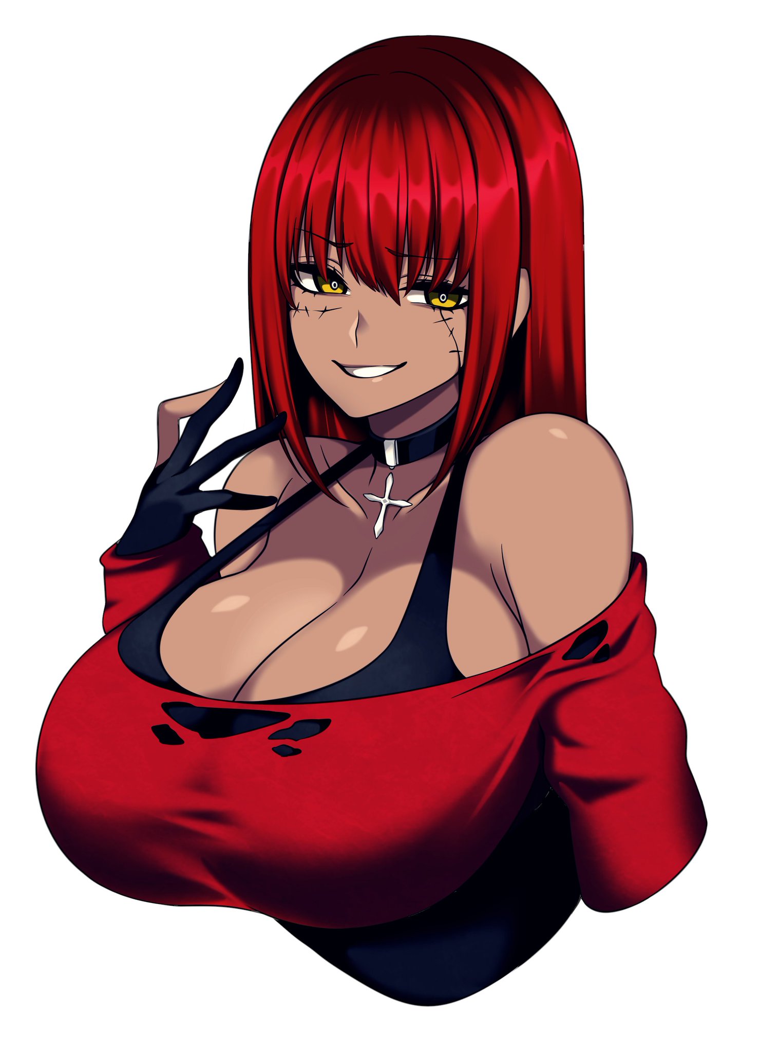 1girls, big breasts, breasts, camui kamui (hz 666v), choker, cleavage, dark skin, dark-skinned female, female, female only, gloves, gyaru, huge breasts, original, red hair, seductive, seductive eyes, seductive look, seductive smile, smug, smug face, solo, stitched, stitches, top heavy, voluptuous, yellow eyes