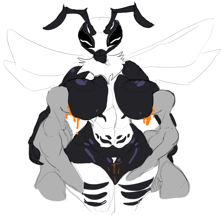 antennae (anatomy), anthro, arthropod, artlegionary, bee, big breasts, bisexual, bodily fluids, breast sucking, breasts, compound eyes, constance (artlegionary), faceless female, faceless human, faceless male, female, food, genital fluids, genitals, group, honey (food), huge breasts, human, human on anthro, hymenopteran, insect wings, insects, interspecies, lactating, lactation, larger anthro, larger female, male, mammal, mandibles, neck tuft, non-mammal breasts, nude, pussy, pussy juice, simple background, size difference, smaller female, smaller human, smaller male, spread wings, sucking, thick thighs, trio, tuft, white background, wide hips, wings