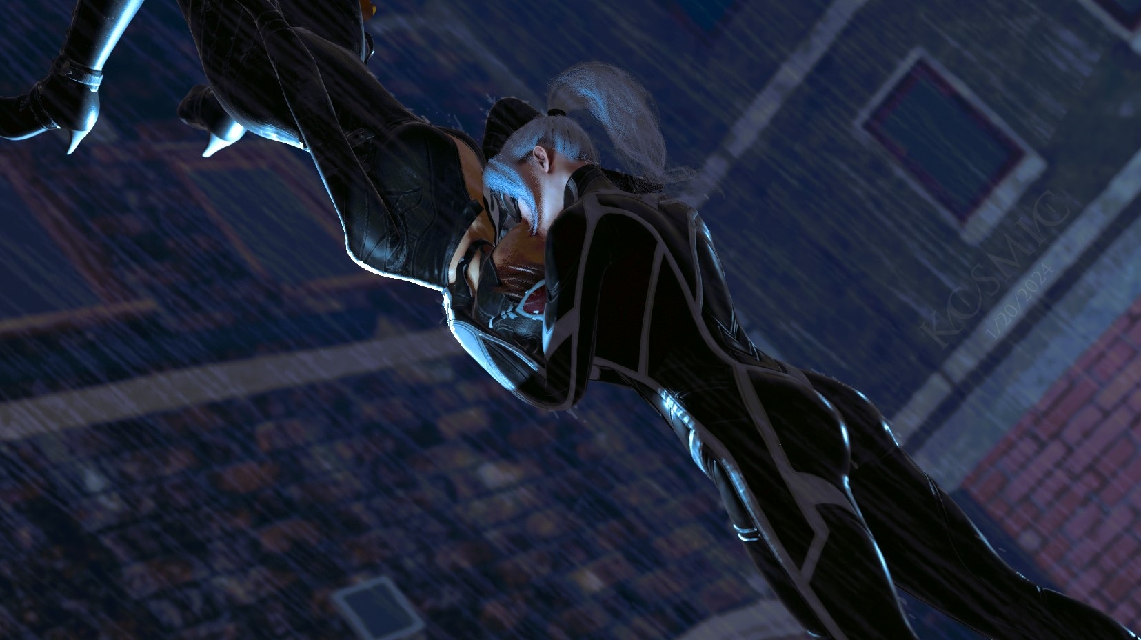 2girls, 3d, 3d (artwork), ass, batman (series), batman: arkham knight, black cat (insomniac), black cat (marvel), butt focus, cat ears, catsuit, catwoman, catwoman (arkham knight), catwoman (arkham), dc, dc comics, dc vs. marvel, felicia hardy, female, female focus, female only, insomniac games, kiss on lips, kissing, kosmic, leather, leather clothing, light skin, light-skinned female, marvel, marvel comics, pale skin, pale-skinned female, pixie cut, rocksteady studios, selina kyle, spider-man (insomniac series), spider-man (series), spider-man 2 (ps5), yuri