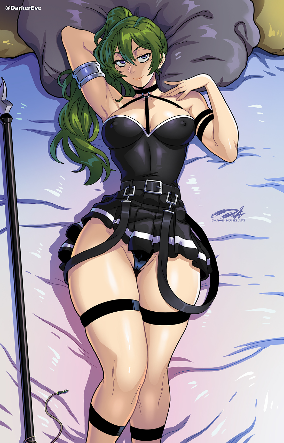 1girls, 2024, 2d, 2d (artwork), arm behind head, artist name, big breasts, black panties, blue eyes, breasts, cleavage, darkereve, female, female only, green hair, hi res, long hair, looking at viewer, lying, lying on back, lying on bed, medium breasts, narrowed eyes, panties, pinup, ponytail, questionable, realistic proportions, smiling, smiling at viewer, solo, sousou no frieren, staff, thick thighs, thigh strap, ubel (sousou no frieren), weapon