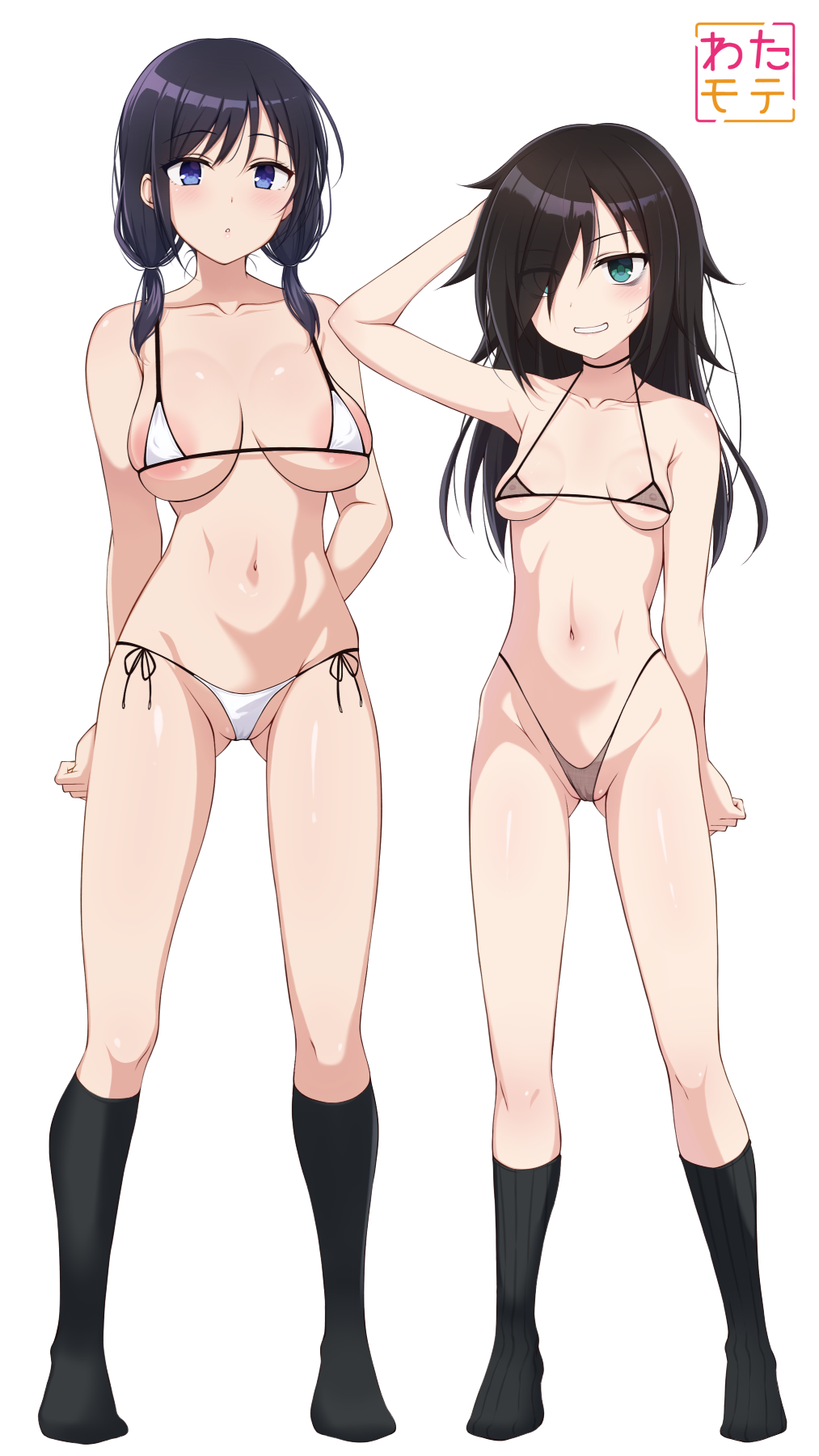 2girls bikini female grin kneehighs kuroki_tomoko looking_at_viewer micro_bikini mobukichi nipples_visible_through_clothing smile socks sweat tamura_yuri watashi_ga_motenai_no_wa_dou_kangaetemo_omaera_ga_warui!