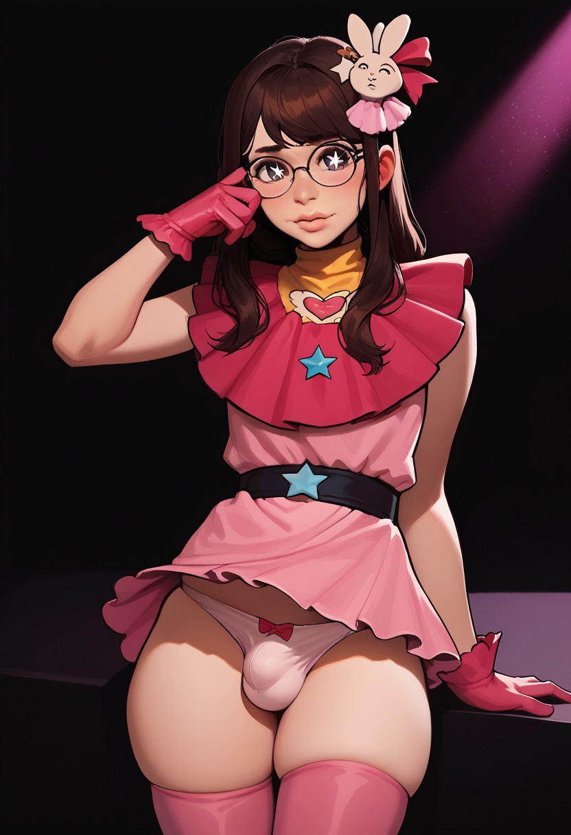 ai_generated brown_eyes brown_hair bulge civitai claire_(truep81) cosplay femboy glasses hair_ornament heart_symbol hoshino_ai hoshino_ai_(cosplay) long_hair oshi_no_ko panties pink_dress pink_gloves star_(symbol) star_shaped_pupils thighhighs thighs trap