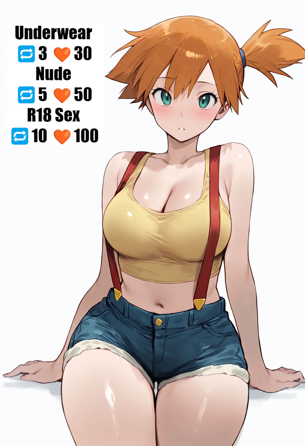 ai_generated aqua_eyes arm_support asymmetrical_hair bangs bare_shoulders belly_button big_breasts blue_shorts blush breasts clavicle cleavage clothing crop_top denim denim_shorts english_language english_text female female_only gen_1_pokemon green_eyes gym_leader hair_tie high_resolution kasumi_(pokemon) large_breasts legs looking_at_viewer midriff misty_(pokemon) navel orange_hair parted_lips pokemon pokemon_character pokemon_species ponytail shirt short_hair short_shorts shorts side_ponytail sleeveless solo suspender_shorts suspenders tank_top text thick_thighs thigh_gap thighs tied_hair yellow_shirt yellow_tank_top