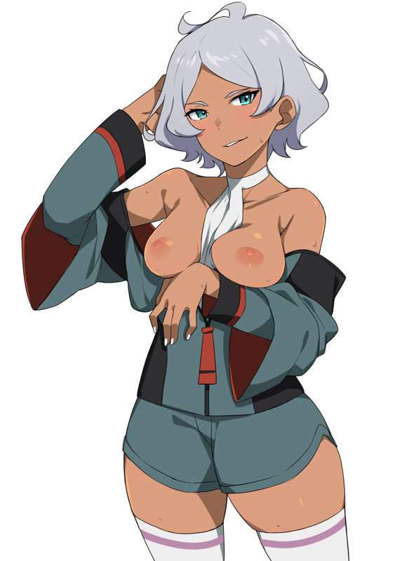 ahoge between_breasts big_breasts blush breasts_out dark-skinned_female dark_skin female_focus flashing flashing_breasts green_eyes gundam gundam_suisei_no_majo hand_behind_head large_breasts looking_at_viewer morisobo secelia_dote shirt_between_breasts shorts silver_hair simple_background smile sweatdrop tan_body tan_skin thick_thighs thighhighs white_background