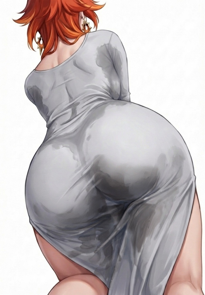 alternate costume, anime style, ass, ass focus, back view, bare legs, bare shoulders, bare thighs, bent over, best quality, bubble butt, butt crack, casual clothes, clothed, clothing pull, confident, curvy, dat ass, detailed shading, dress, dress lift, earrings, emphasis, fabric stretch, fanart, from behind, genshin impact, grey dress, hair ornament, hands on knees, heart-shaped ass, highly detailed, highres, hourglass figure, hoyoverse, huge ass, implied pantyless, knees together, light skin, long sleeves, looking back, loose clothing, massive ass, masterpiece, mavuika (genshin impact), messy hair, mihoyo, natlan, no bra, no panties, orange hair, oversized shirt, pantyless, partial face, plump ass, presenting, presenting ass, pyro archon, pyro element, rear view, round ass, seductive pose, sharp focus, shirt dress, short hair, simple background, soft shading, solo female, spiky hair, star hair ornament, subtle sweat, sweat, sweat stain, tanned skin, teasing, teasing smile, thick ass, thick thighs, thigh gap, tight dress, upskirt, vibrant colors, visible butt crack, voluptuous, warm tones, white background, wide hips, wrinkled clothing