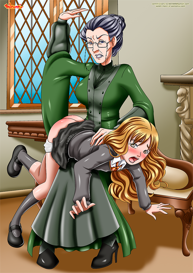 2girls brown_hair grey_hair hand_raised harry_potter hermione_granger hogwarts_school_uniform hogwarts_student minerva_mcgonagall older_female otk_spanking over_the_knee_spanking panties_down red_ass skirt_up spank_marks spanking teacher_and_student younger_female