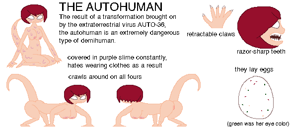 all_fours autohuman demihuman egg exposed_pussy information_sheet naked naked_female no_pupils purple_slime red_hair reference_image reference_sheet sharp_claws sharp_teeth slime yakuman_player_(artist)