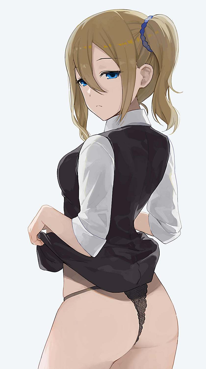 ass, blonde hair, blue eyes, female, hayasaka ai, hiroki yyqw7151, kaguya-sama wa kokurasetai ~tensai-tachi no renai zunousen~, looking at viewer, no pants, panties, ponytail, skirt lift