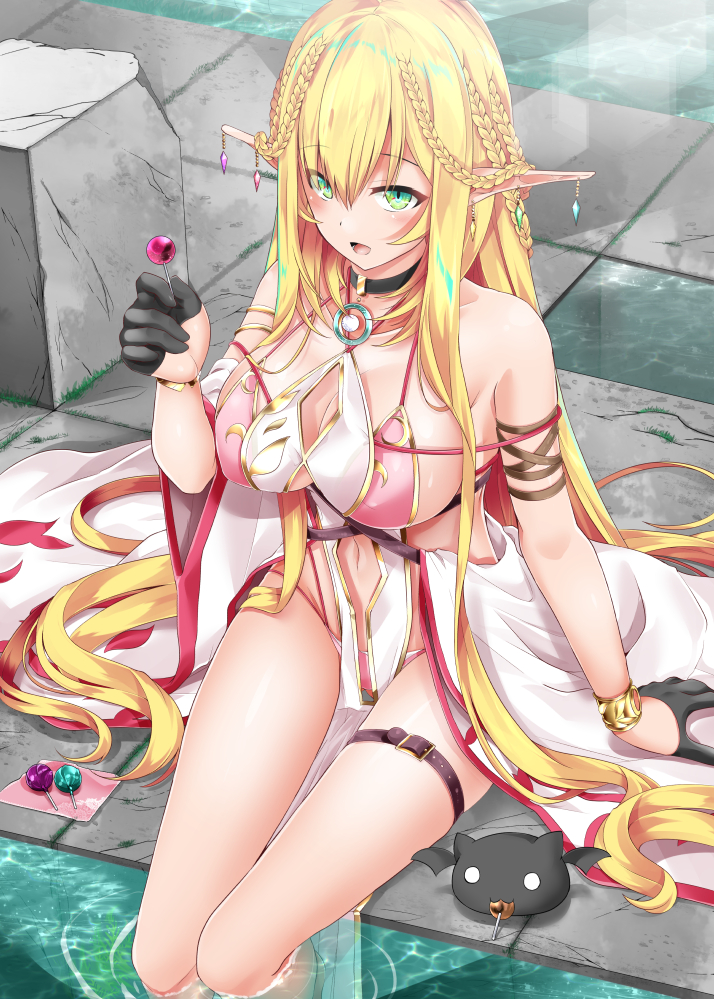1girls, bare shoulders, big breasts, blonde hair, bracelet, breasts, cleavage, cleavage cutout, earrings, elf, elf female, female, female only, green eyes, jewelry, large breasts, lolipop, lollipop, long hair, navel, navel cutout, original, pointy ears, revealing clothes, shirosuzu, sideboob, solo, very long hair, water