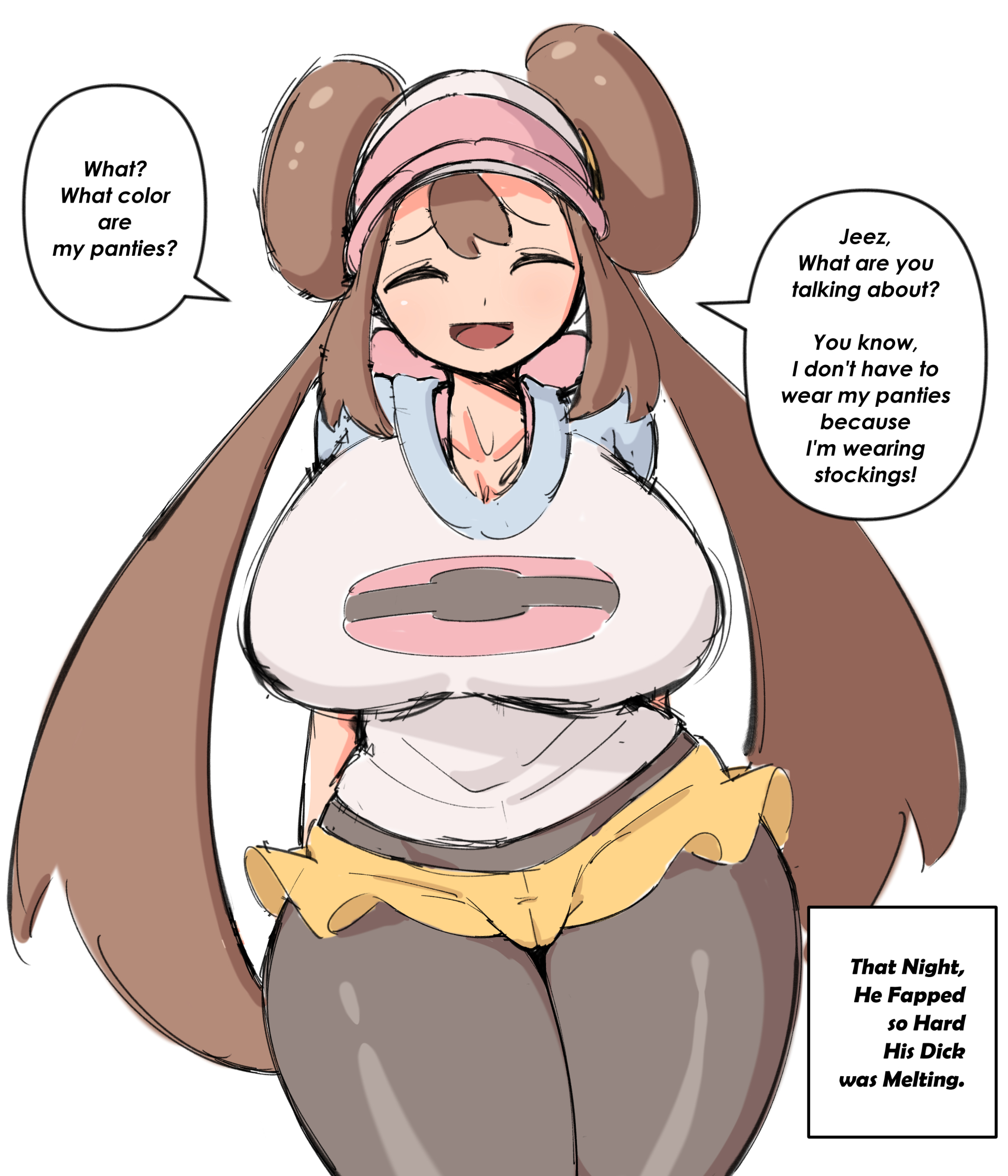 1girls, 2021, big breasts, big hair, breasts, brown hair, closed eyes, closed eyes smile, clothed, clothing, double bun, english text, female, fully clothed, game freak, hair bun, huge breasts, long hair, nintendo, no panties, open mouth, pantyhose, pokemon, pokemon bw2, rosa (pokemon), simple background, solo, solo female, speech bubble, talking to viewer, text, thick, thick thighs, thighs, twintails, visor cap, white background, woohyoot