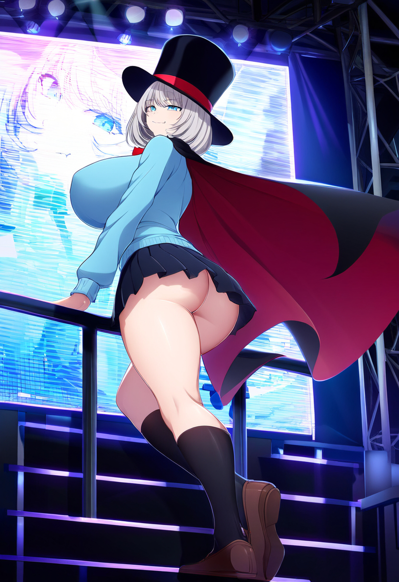 ai_generated big_breasts blue_cardigan blue_eyes bowtie cape cute female schoolgirl silver_hair skin_fang tejina_senpai tejina_senpai_(character) tejina_senpai_(series) top_hat top_heavy top_heavy_breasts