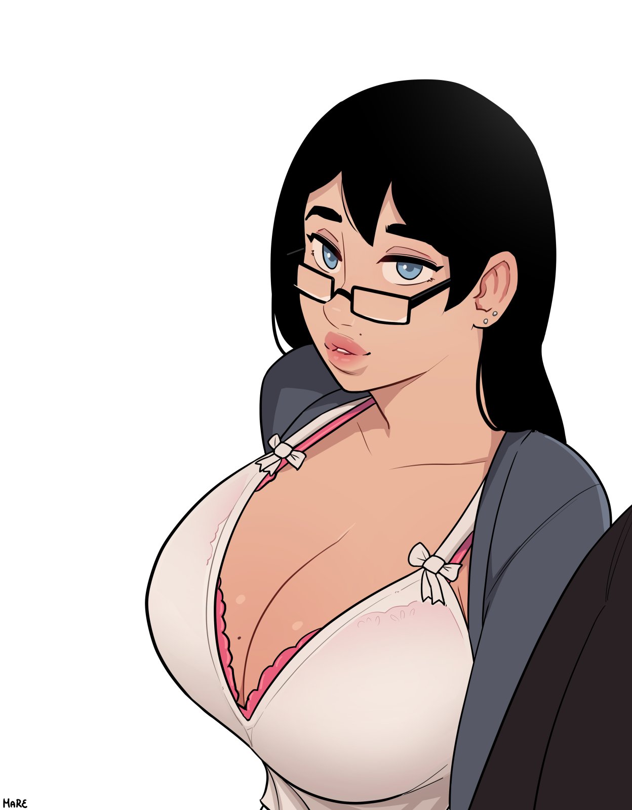 1girls, big breasts, breasts, cleavage, female, female only, glasses, large breasts, looking at viewer, mare ten, original, pink bra, solo, tank top