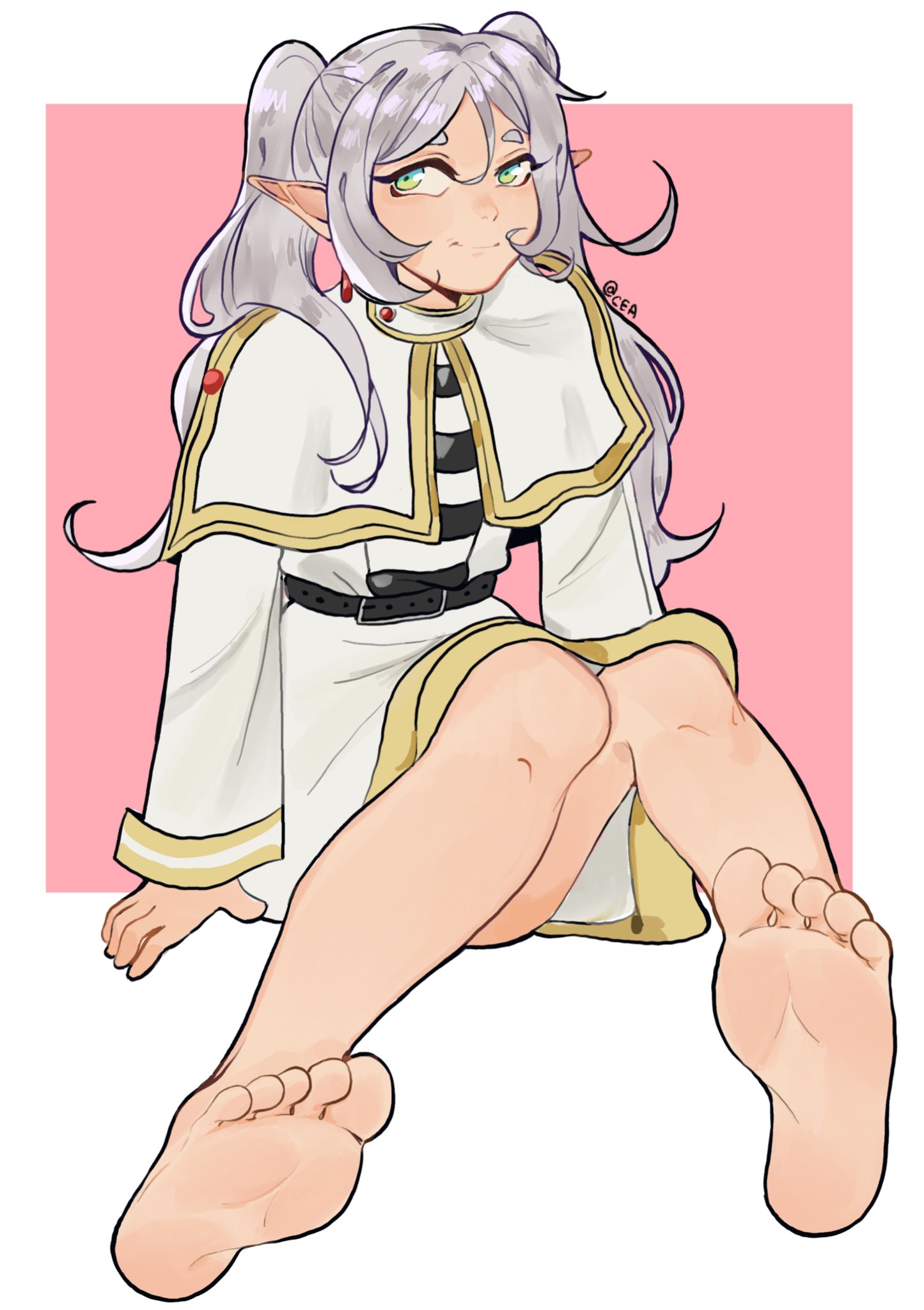 barefoot, cyadraws, elf ears, elf female, elf girl, feet, feet focus, female, female focus, female only, foot fetish, frieren, long hair, soles, sousou no frieren, white hair