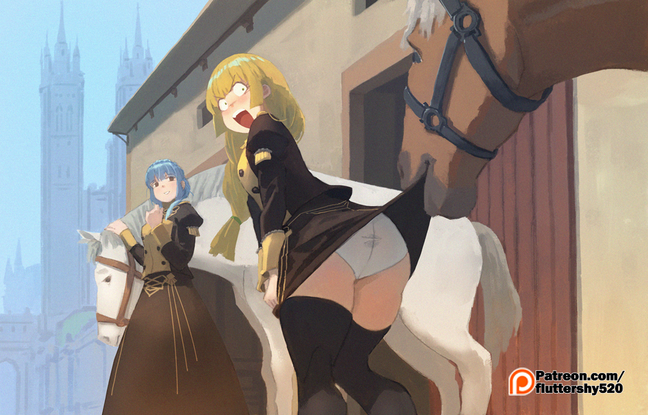 2girls animal assisted_exposure blonde_hair blue_hair braid clothes_lift crown_braid fire_emblem fire_emblem:_three_houses garreg_mach_monastery_uniform green_little horse horse_tail ingrid_brandl_galatea long_hair long_sleeves marianne_von_edmund multiple_girls open_mouth panties skirt skirt_lift tail underwear watermark web_address white_panties