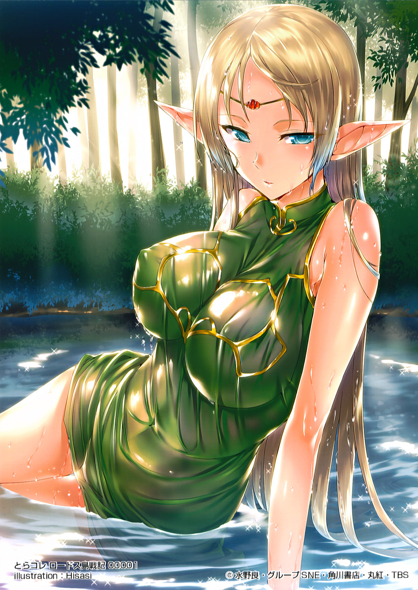 blonde_female blonde_hair blue_eyes circlet deedlit dress elf hisasi large_breasts long_hair record_of_lodoss_war sleeveless sparkle sunlight tree water wet