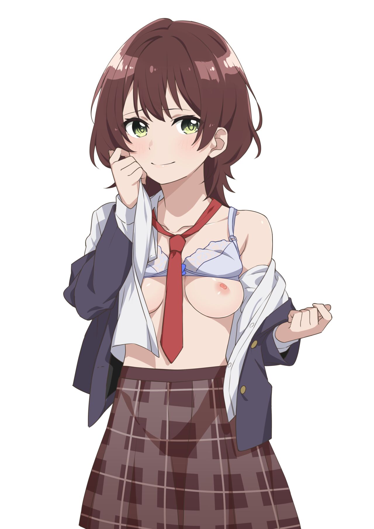 1girls big_breasts bow bow_bra bra bra_lift breasts breasts_out brown_hair brown_skirt closed_mouth collarbone female female_focus female_only green_eyes hand_to_face highres hinami_aoi jaku-chara_tomozaki-kun large_breasts morisobo necktie nipples plaid_clothes plaid_skirt red_necktie school_uniform short_hair simple_background skirt smile solo underwear undressing white_background