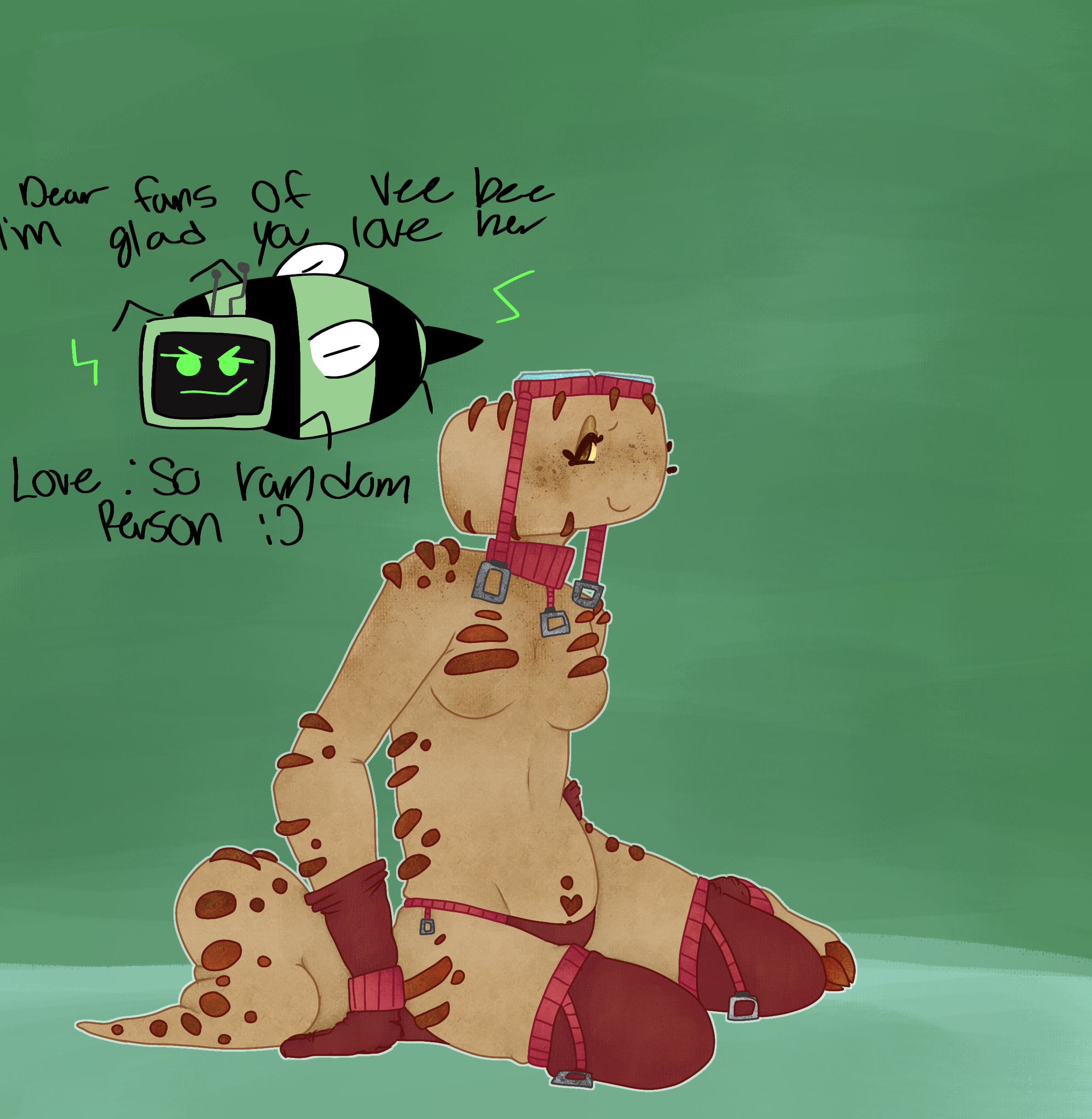collar, dandy's world, dino snore shelly, female, half naked, half-dressed, no bra, no nipples, null, observer s.o, roblox, shelly (dandy's world), solo, solo female, tail, vee (dandy's world), vee bee