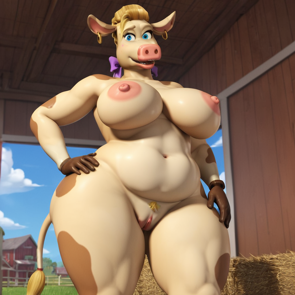 abby_(back_at_the_barnyard) ai_generated barn big_breasts bovine female hand_on_hip large_breasts plump pubic_fuzz thick_thighs wide_hips