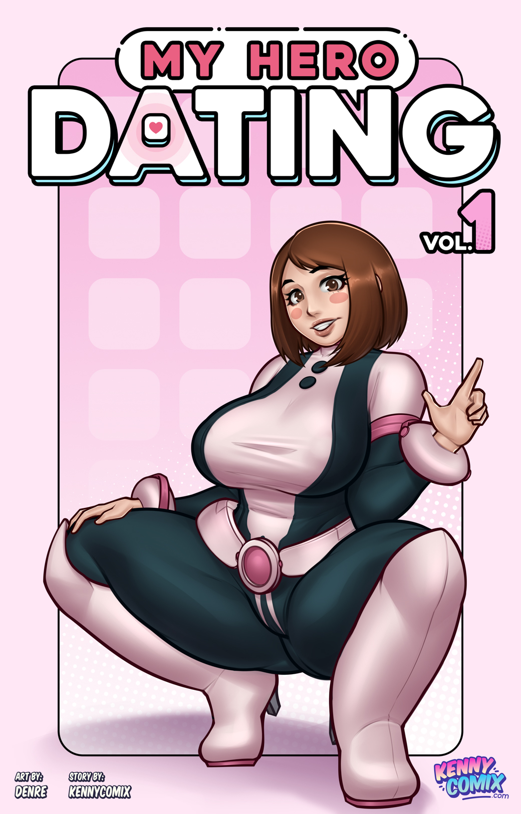 1girls big_breasts busty costume curvy denre hero_outfit_(mha) huge_breasts kennycomix large_breasts my_hero_academia ochako_uraraka squatting superheroine v_sign