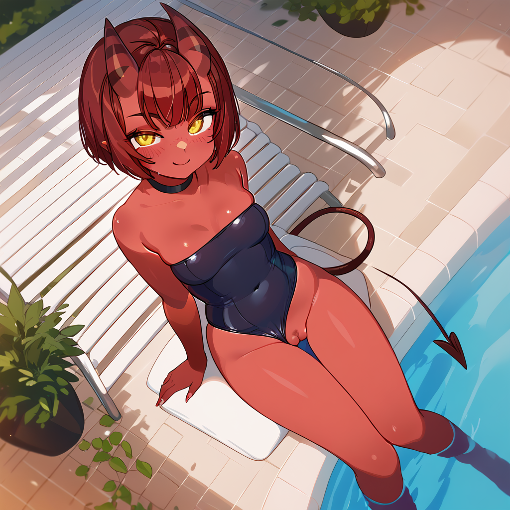 ai_generated choker looking_at_viewer meru_(merunyaa) pubic_hair red_skin short_hair succubus swimming_pool swimsuit vagina