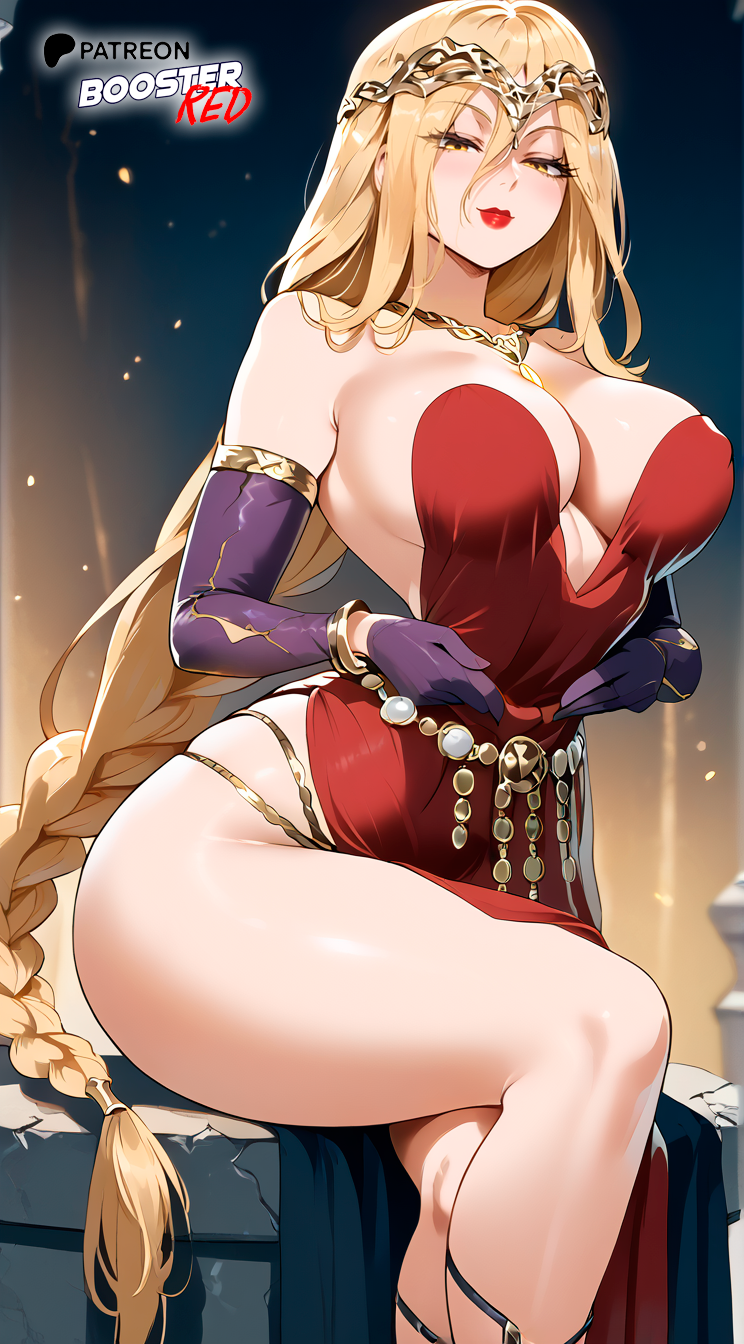 ai_generated blonde_hair boosterred99 bracalets braid cosplay cracked_skin elbow_gloves elden_ring full_body gloves halloween heels high_heels jessica_rabbit jewelry large_breasts legs lipstick long_hair narrow_waist pony_diffusion_xl purple_elbow_gloves purple_gloves queen_marika_the_eternal red_dress sitting tiara very_long_hair wide_hips yellow_eyes