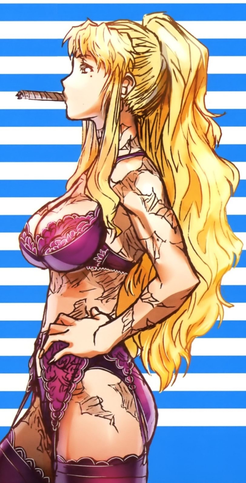 1girls, balalaika, beauty mark, black lagoon, blonde hair, bra, burn scar, cigar, female, female only, hands on hips, lingerie, long hair, panties, scar, scars, smoking, solo, stockings, underwear