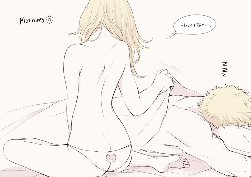 1boy1girl 1girls age_difference bare_back barefoot blonde_hair bubaigawara_jin female himiko_toga in_bed jin_bubaigawara male male/female morning morning_after my_hero_academia nude older_male panties panties_only sleeping text toga_himiko twice under_covers under_sheets underwear younger_female zzz