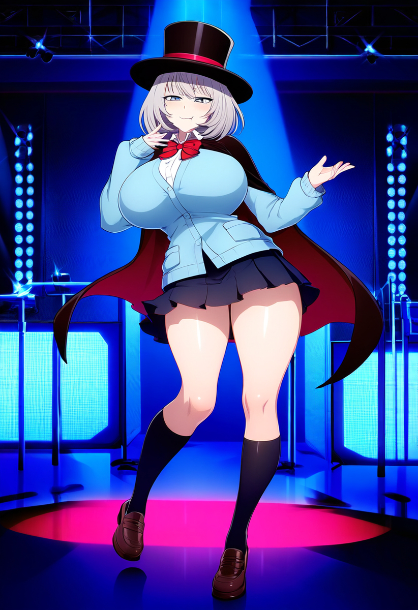 ai_generated big_breasts blue_cardigan blue_eyes bowtie cape cute female schoolgirl silver_hair skin_fang tejina_senpai tejina_senpai_(character) tejina_senpai_(series) top_hat top_heavy top_heavy_breasts