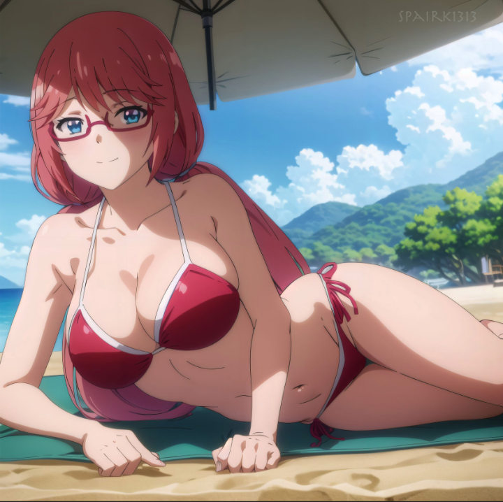 ai_generated belly_button blue_eyes busty_female classroom_of_the_elite glasses laying_on_towel pink_hair posing_for_picture red_bikini_bottom red_bikini_top sakura_airi spairk1313 watermark