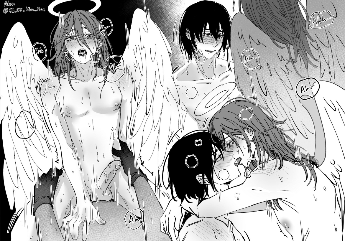 angel devil (chainsaw man), angel wings, chainsaw man, femboy, gay, gay sex, hair down, halo, hands on hips, hayakawa aki, kissing, long hair, male nipples, penis, riding penis, sex, twink, uncolored, yaoi