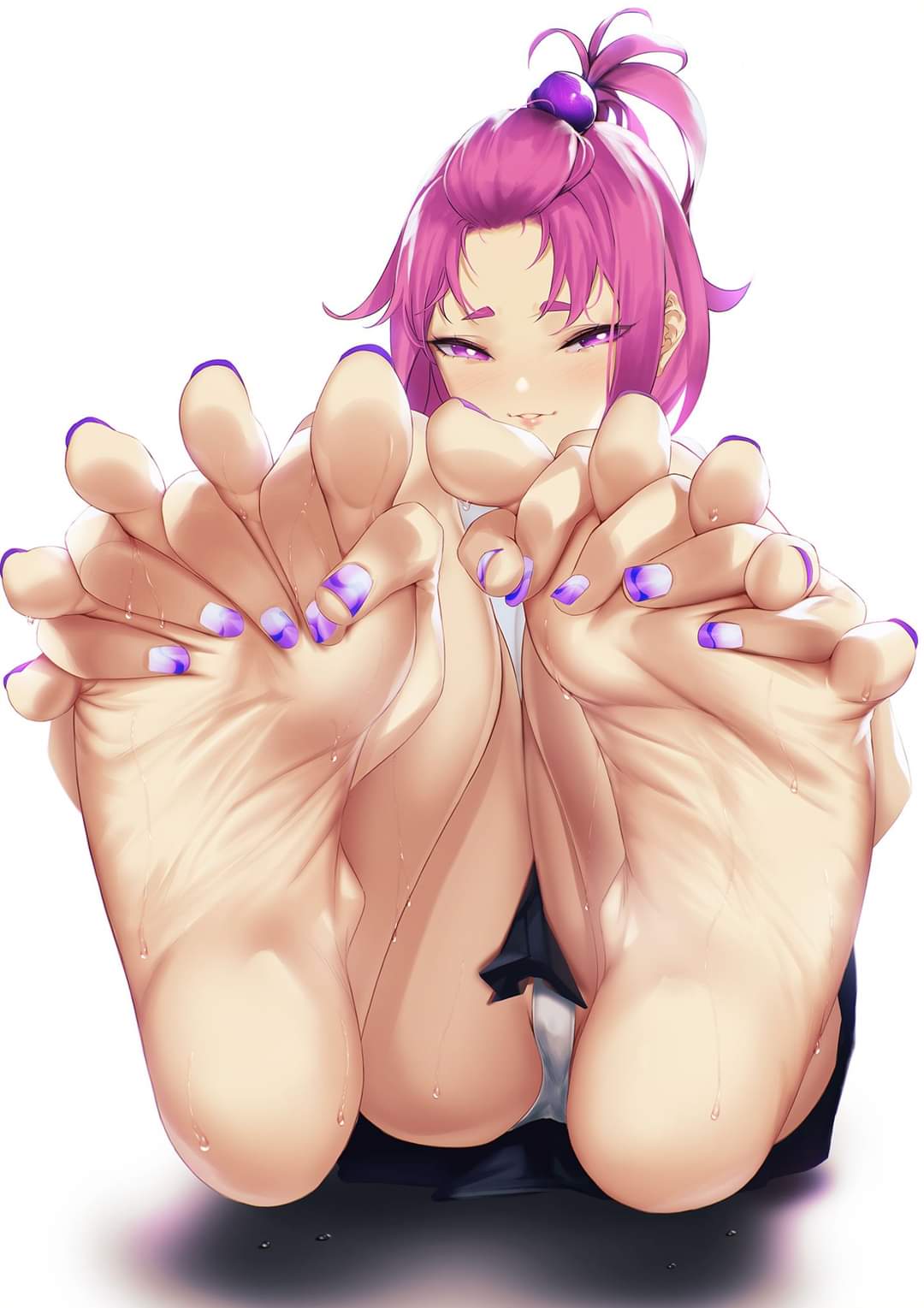 barefoot, blueorca, feet, fingers interlocked, pov feet, purple hair, purple toenails, soles, violet hair