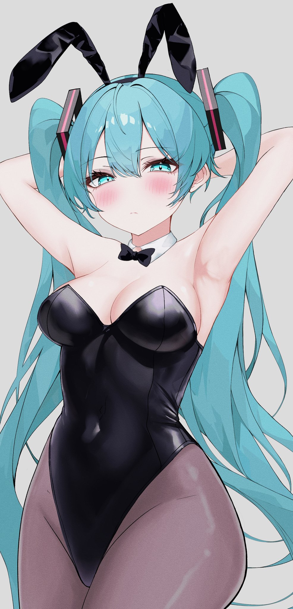 1girls 2d 2d_(artwork) armpits arms_up bangs blue_eyes blue_hair blush blush blushing_at_viewer bowtie breasts bunny_ears bunny_girl bunnysuit hatsune_miku kawasuru latex latex_clothing latex_suit long_hair looking_at_viewer solo solo_female solo_focus thick_thighs thighs twintails vocaloid