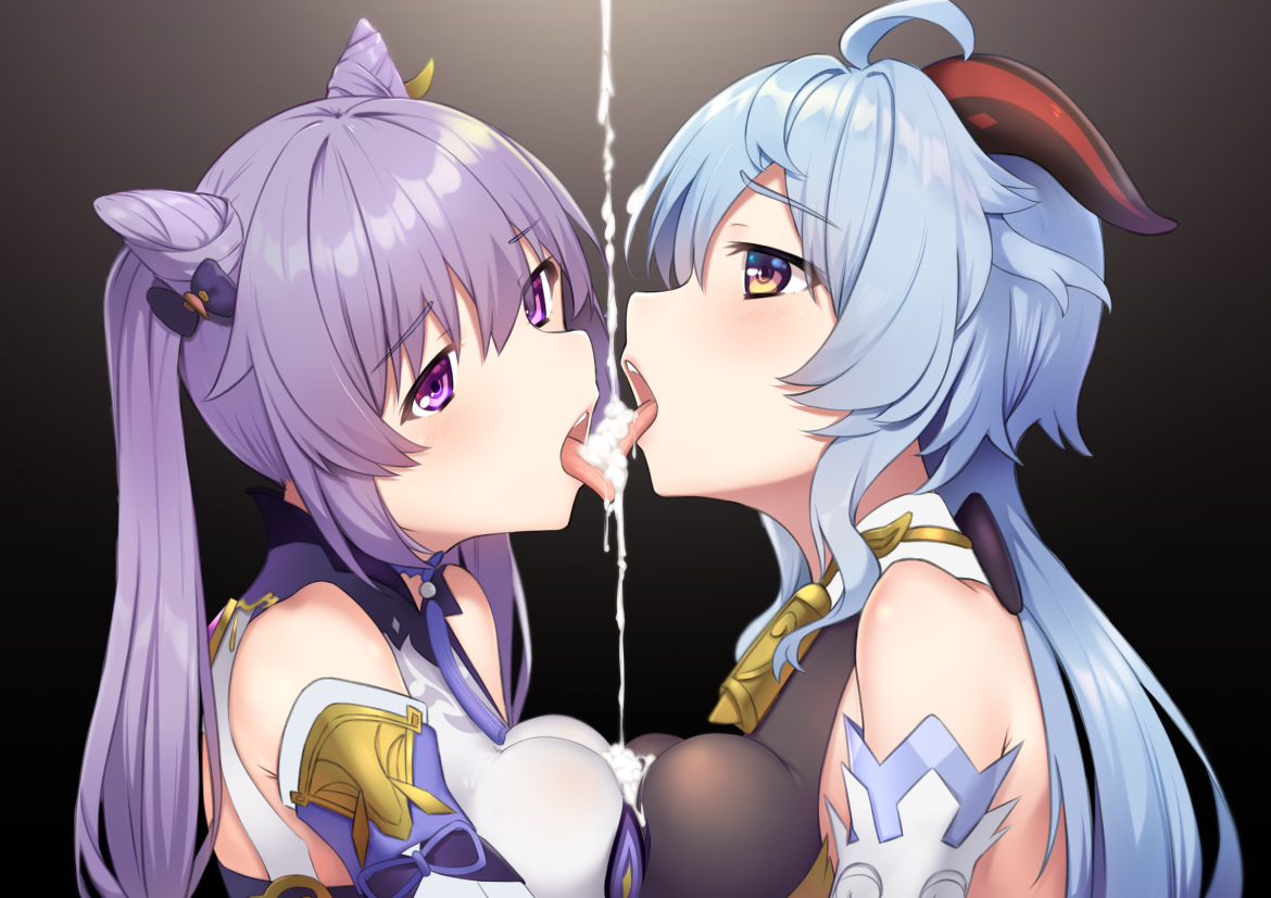breast press, breasts, cum, cum in mouth, cum on breasts, cum trail, drinking, drinking cum, female, female only, ganyu (genshin impact), genshin impact, keqing (genshin impact), medium breasts, open mouth, symmetrical docking, tongue, tongue out, twintails