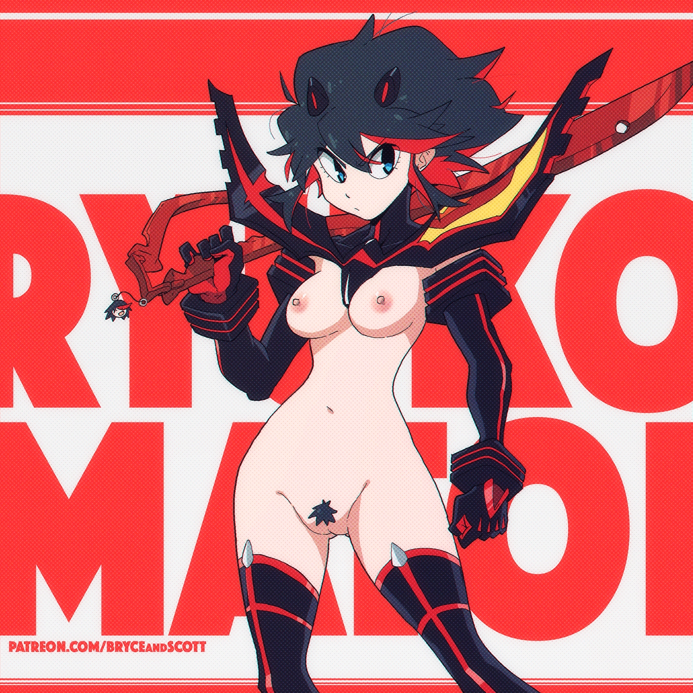1girls, black hair, black-haired female, breasts, female, kill la kill, matoi ryuuko, naked footwear, nipples, nude, nude female, pubic hair, pussy, pussy hair, scott malin, senketsu, tagme