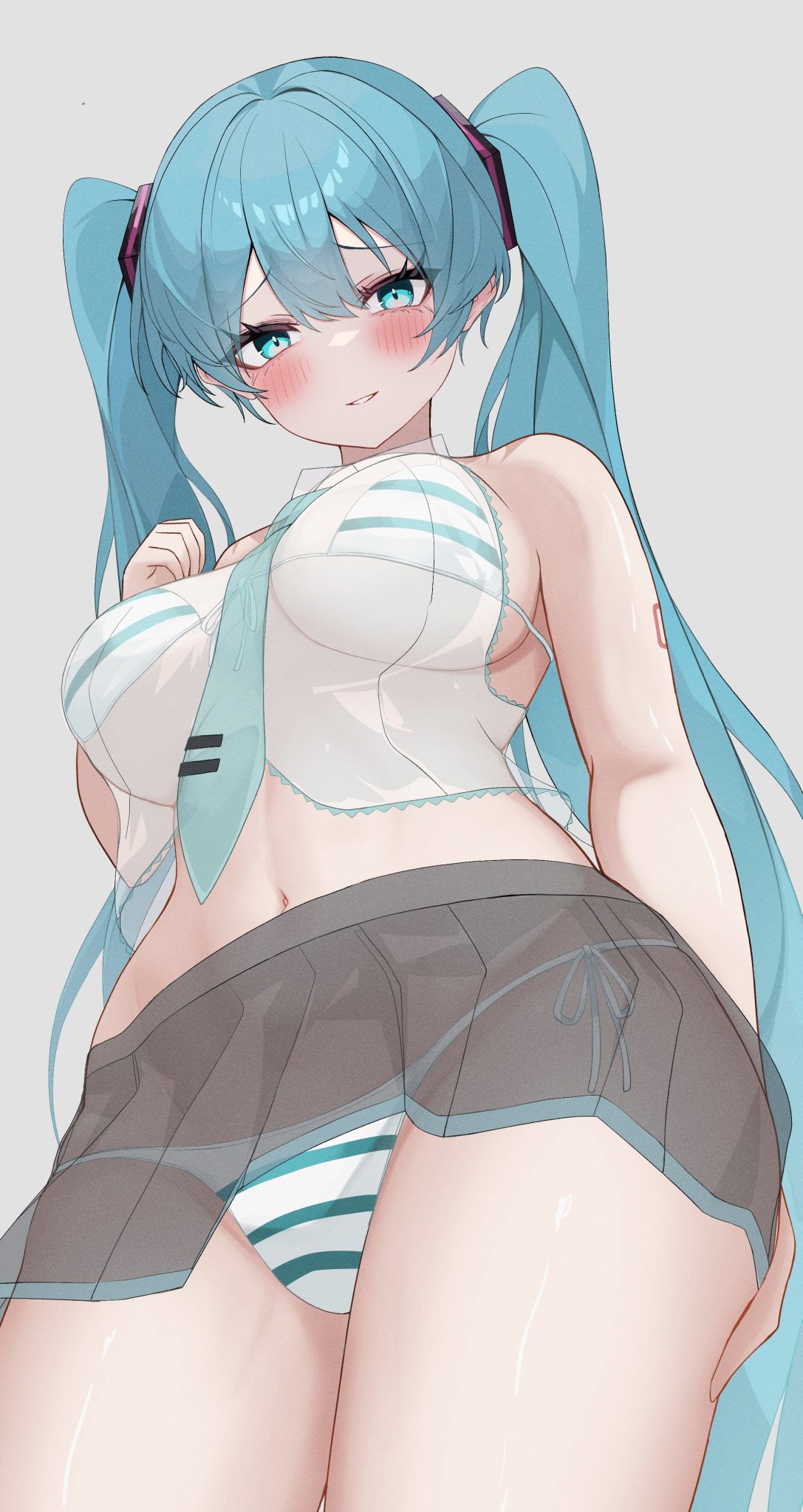 1girls 2d 2d_(artwork) big_breasts blue_eyes blue_hair blush blushing_at_viewer breasts hatsune_miku kawasuru large_breasts light-skinned_female light_skin long_hair looking_at_viewer see-through see-through_clothing solo solo_female striped_bra striped_panties thick_thighs thighs twintails underboob underwear viewed_from_below vocaloid