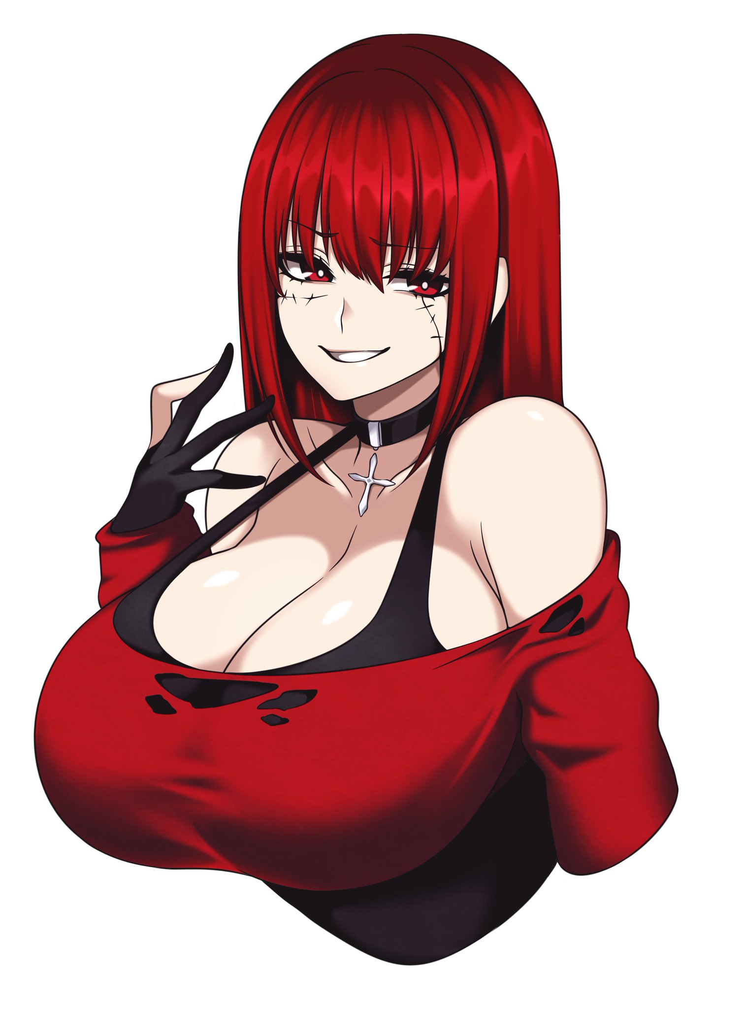 1girls, big breasts, breasts, camui kamui (hz 666v), choker, cleavage, female, female only, gloves, huge breasts, light skin, light-skinned female, original, red hair, scars, seductive, seductive eyes, seductive look, seductive smile, smug, smug face, solo, stitched, stitches, top heavy, voluptuous