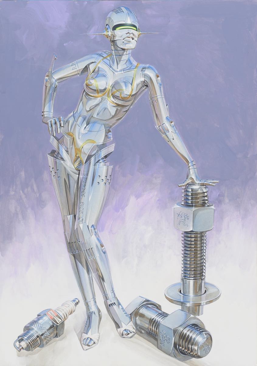 breasts female genitals glistening glistening_body hajime_sorayama hi_res humanoid machine metallic_body nude pinup pose pussy robot screws sexy_robot_(hajime_sorayama) silver_body smile solo standing technophilia