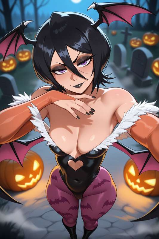 1girls, ai generated, black hair, black lipstick, black nails, bleach, bleach: the thousand-year blood war, breasts, eyeshadow, female, female only, hair, halloween, halloween costume, halloween pumpkin, halloween theme, kuchiki rukia, light skin, light-skinned female, lipstick, medium breasts, nail polish, pumpkin, purple hair, selfie, short hair, solo, solo female, waifuinvoker, wings, wings on head