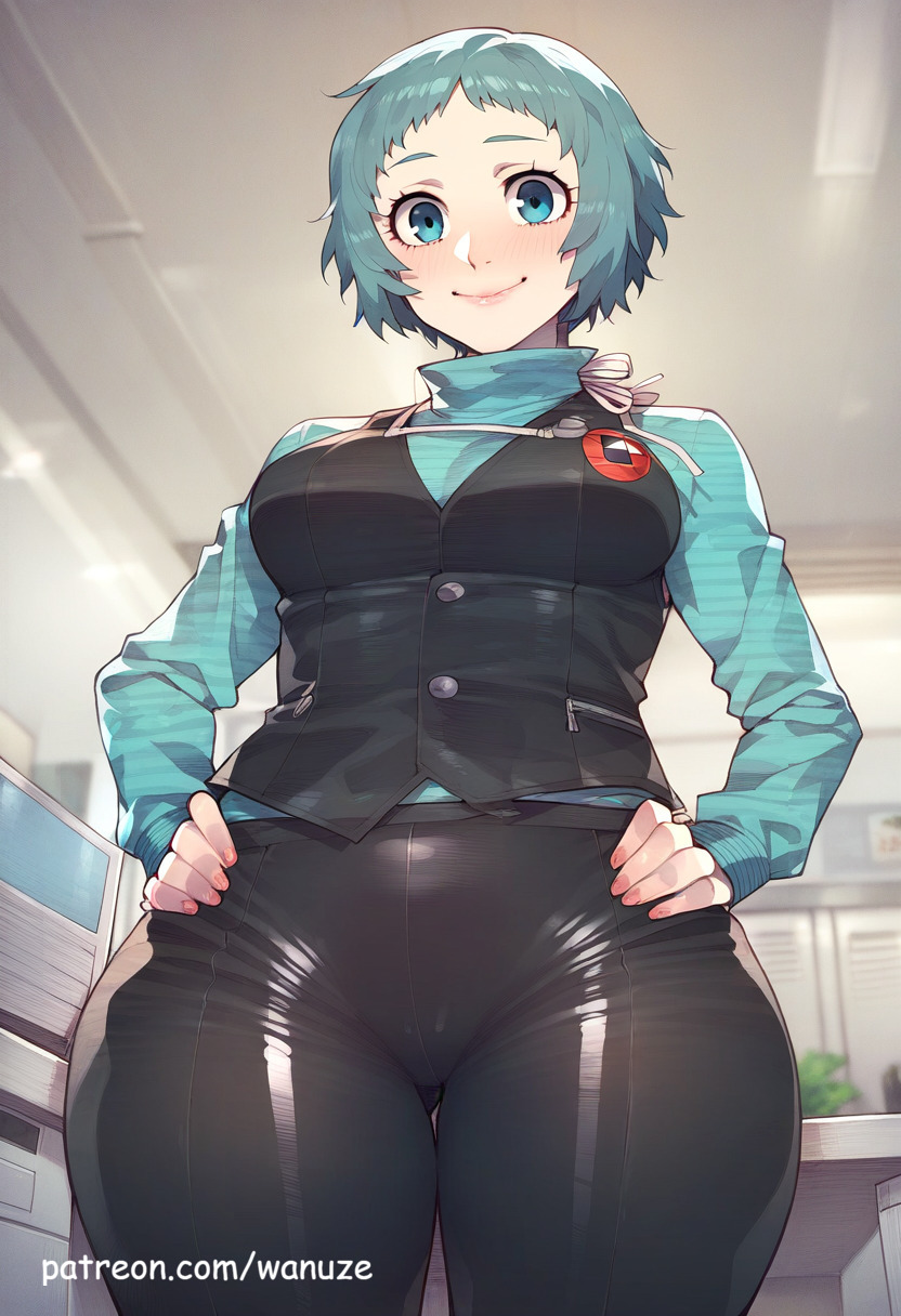 ai_generated big_ass big_breasts big_butt big_thighs blue_eyes blue_hair blush fuuka_yamagishi huge_ass huge_breasts huge_butt huge_thighs office office_clothing office_lady persona vest wanuze wide_hips