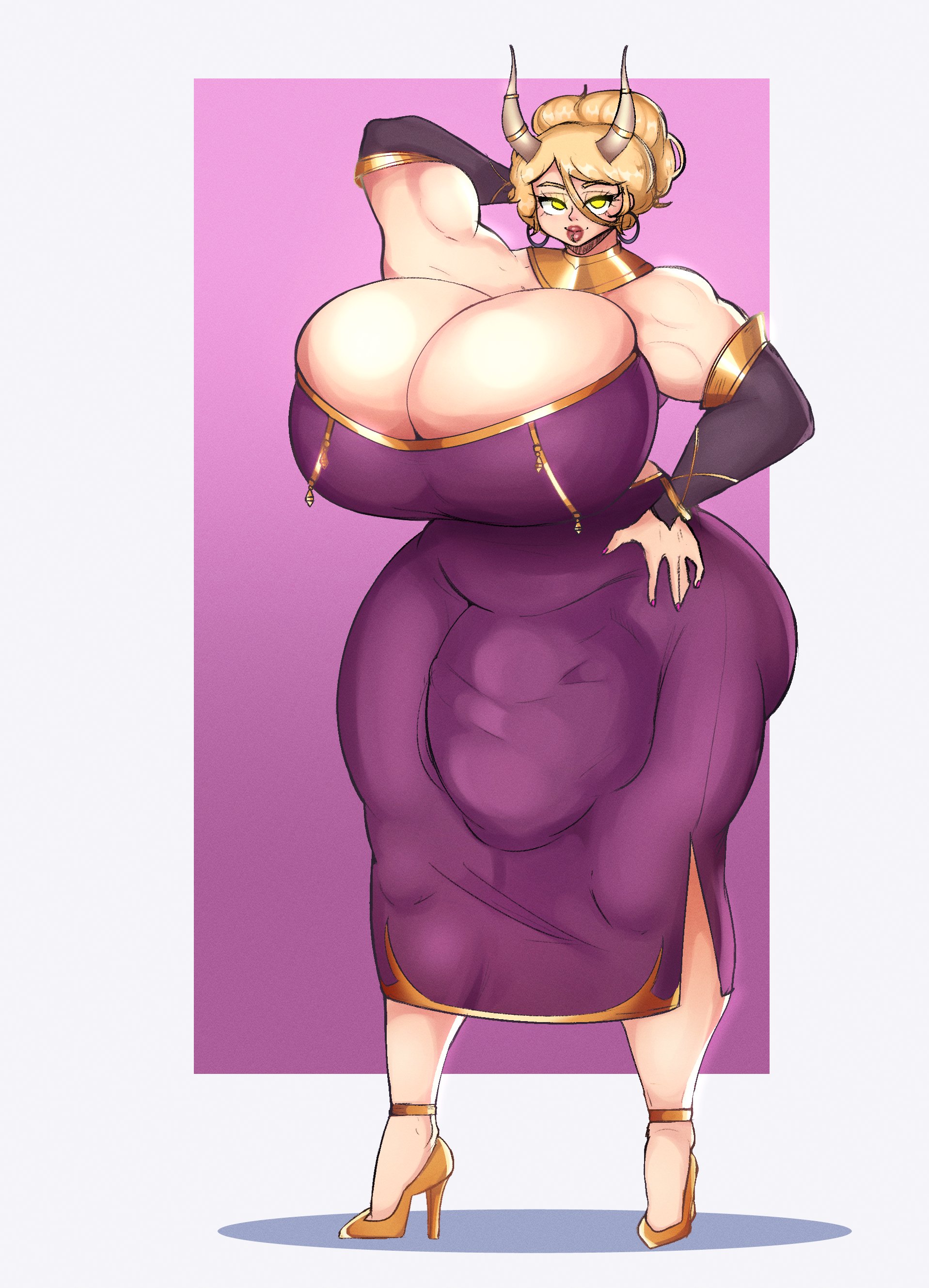 1futa, alternate version available, breasts, bulge through clothing, dress, futanari, gigantic breasts, horns, hyper, hyper penis, intersex, jeelbyart, looking at viewer, muscular, muscular futa, penis, solo futa, tagme