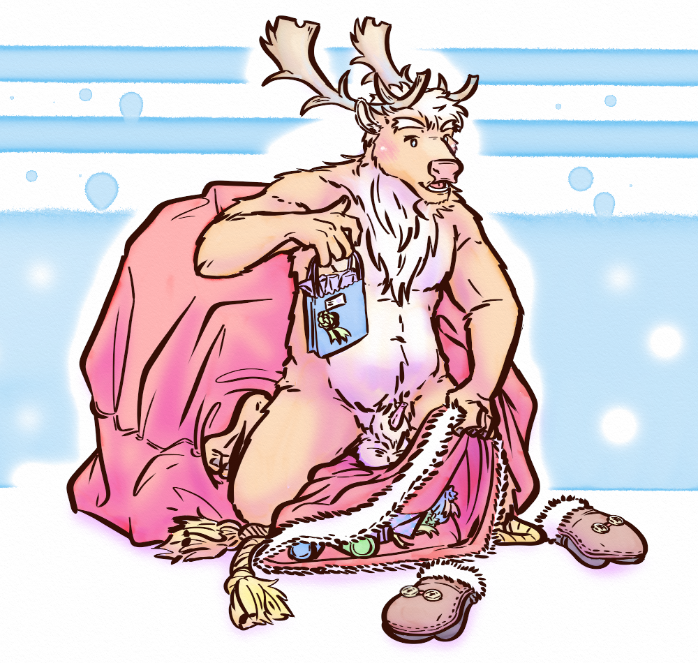 1boy animal_genitalia animal_penis anthro antlers balls blush capreoline cervid christmas digital_media_(artwork) erection genitals gift hair holidays horn housamo humanoid_hands kemono lavilovi male male_only mammal nude penis reindeer sheath simple_background slightly_chubby smile solo tokyo_afterschool_summoners video_games yule_(tokyo_afterschool_summoners)