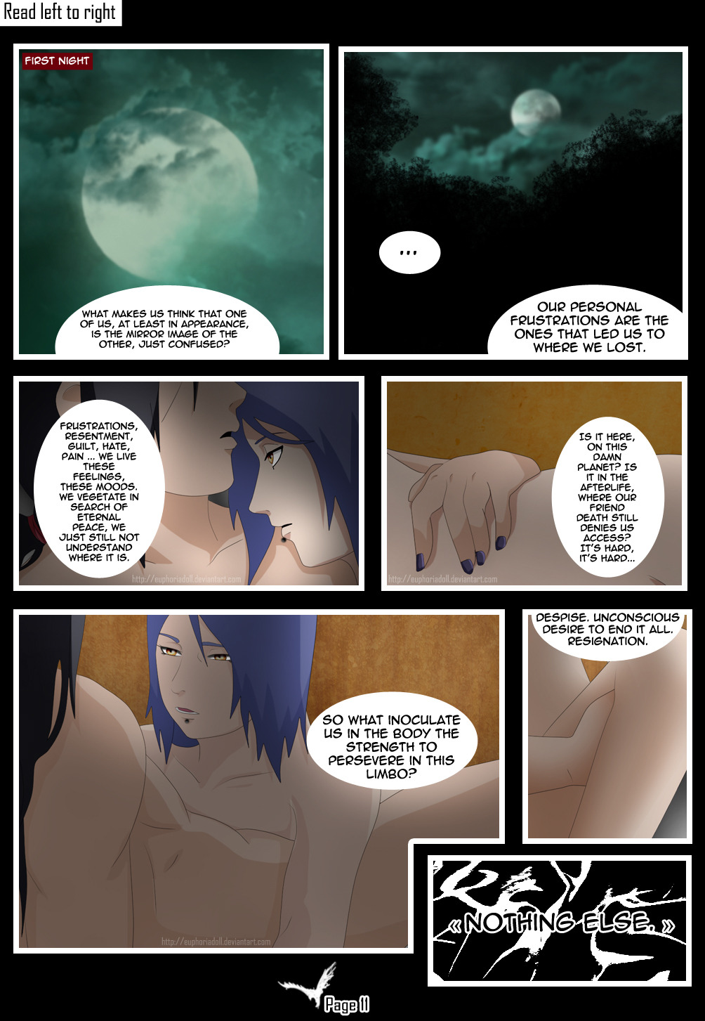 1boy 1girls akatsuki_(naruto) before_sex black_hair blue_hair comic english_text euphoriadoll konan left_to_right male/female naked naruto naruto_(series) naruto_shippuden page_11 speech_bubble straight text uchiha_itachi