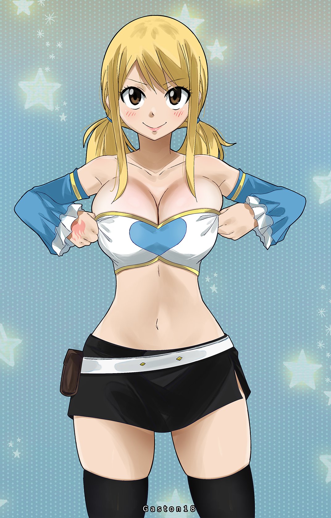 big_breasts blonde_hair cute fairy_tail female female_only gaston18 lucy_heartfilia smile thick_thighs thighhighs twintails white_skin white_top