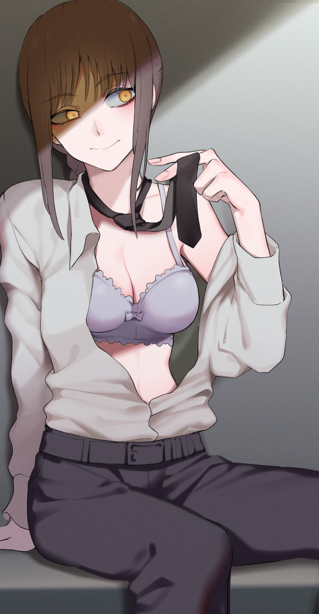 1girls, 2d, bra, business suit, chainsaw man, clothed, female, female only, makima (chainsaw man), office lady, orange eyes, smirk, suit, tie, undressing