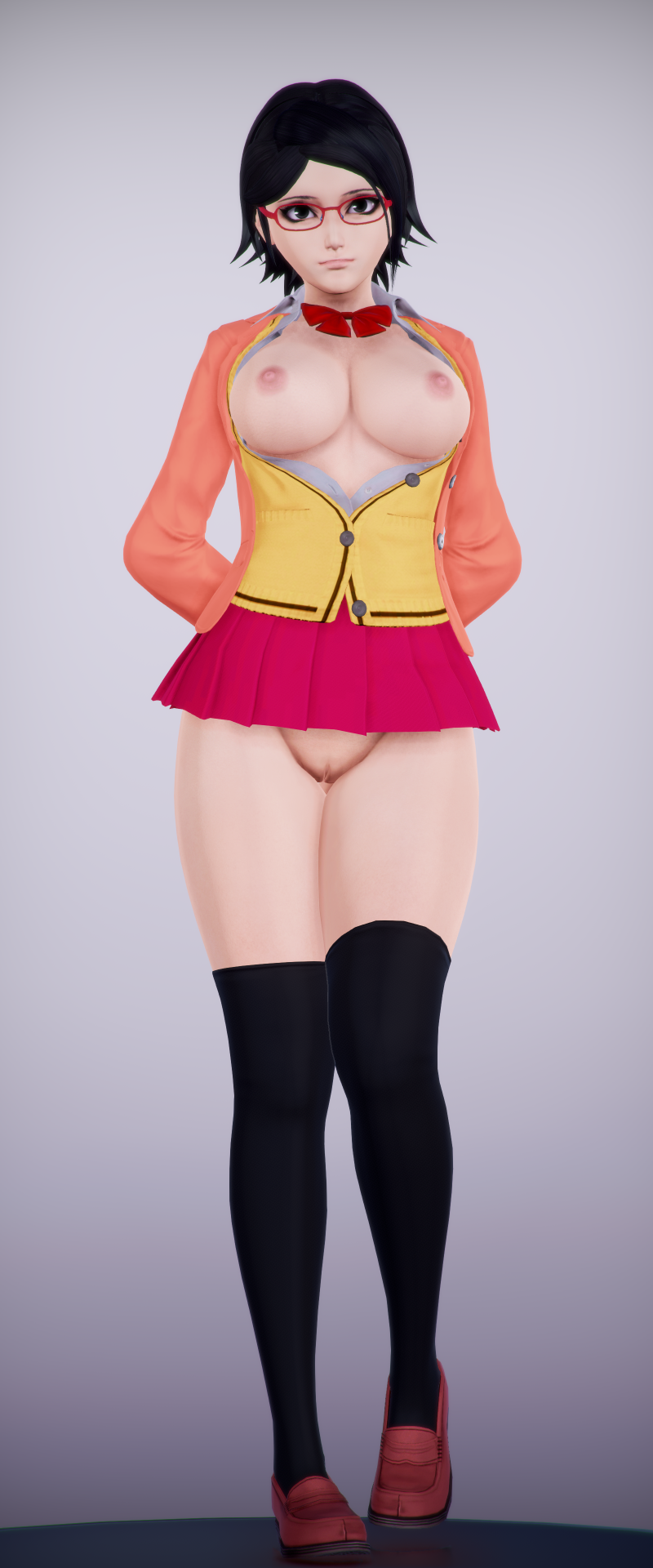 1girls, 3d, 3d (artwork), areolae, black eyes, black hair, boruto: naruto next generations, breasts, clothing, female, glasses, honey select, illusion soft, jacket, meish, miniskirt, naruto, naruto (series), nipples, no panties, open clothes, pussy, red-framed eyewear, sarada uchiha, shoes, short, short hair, short skirt, skirt, solo, standing, thighhighs