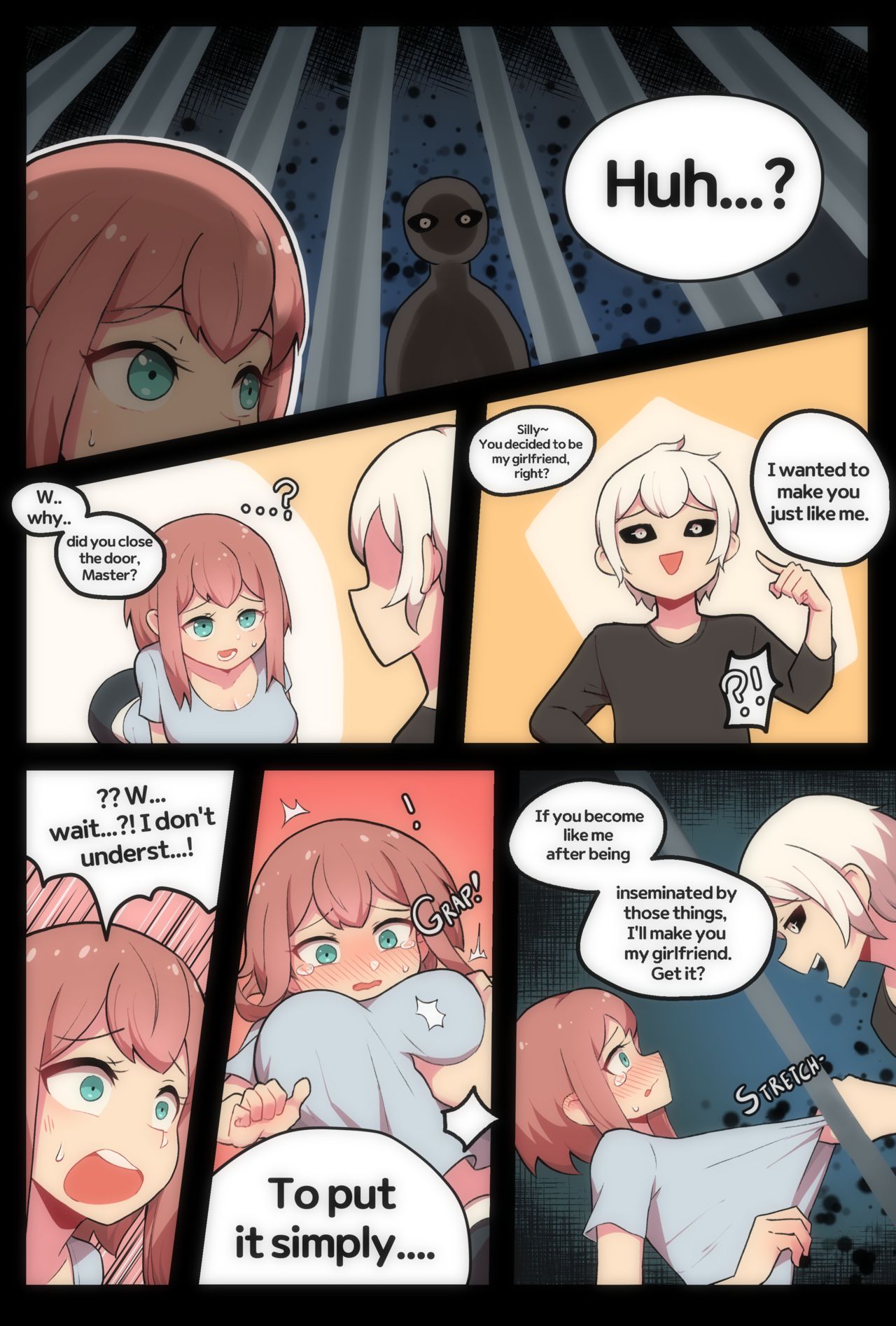 !, ?, 1boy, 1girls, before rape, before sex, big breasts, breast grab, breast squeeze, breasts, brown hair, comic, creeeen, creeeen zombie girl, english text, female, incoming sex, light skin, light-skinned female, light-skinned male, male, original, original character, pale skin, pale-skinned female, pale-skinned male, sound effects, tagme, thick thighs, uncensored, white hair
